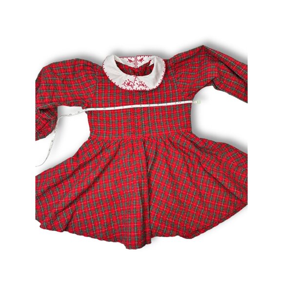 OshKosh BGosh 1980s Toddler Size 4 Red Plaid Cotton Dress Embroidered Collar - Picture 9 of 10